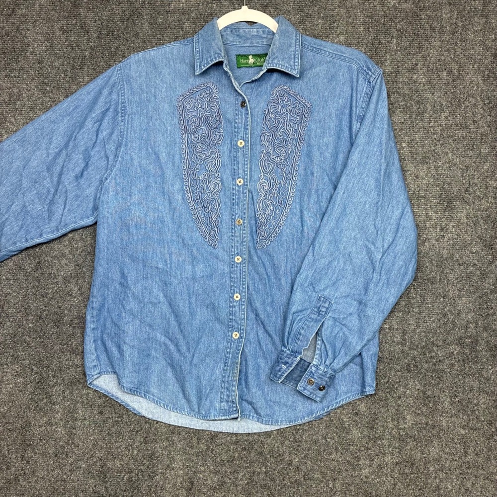 VTG 90s Hunt Club Western Embroidered Denim Button Down Shirt‎ Women's M Petite